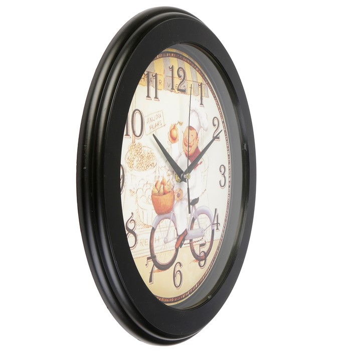 Часы настенные круг, на циферблате Повар на велосипеде, рама черная тонкая, d=33см