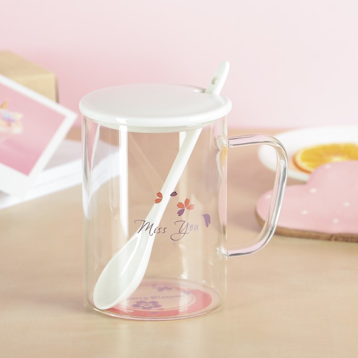 Кружка 350 мл "Цветочки", с керамической крышкой и ложкой, рисунок МИКС