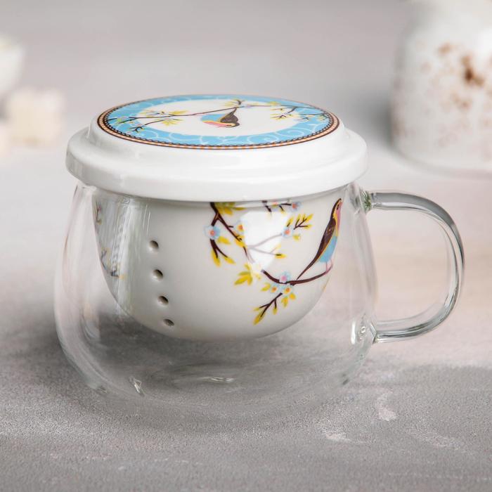 Кружка "Птички", с керамической крышкой и ситом