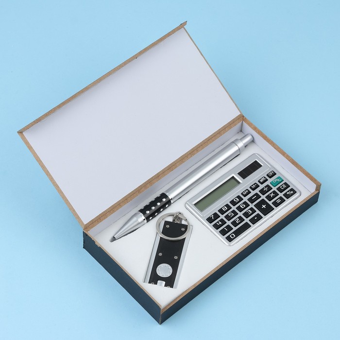 Набор подарочный 3в1 (ручка, калькулятор, фонарик черный)