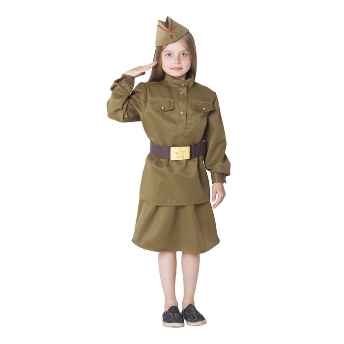 фото Костюм военный для девочки: гимнастёрка, юбка, ремень, пилотка, рост 152 см, р-р 40 страна карнавалия