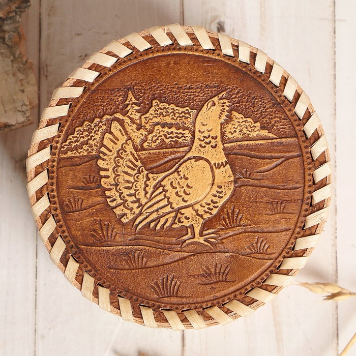 Шкатулка «Тетерев», шитая, 10х10х6,5 см, береста