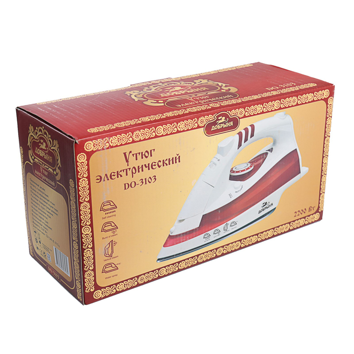 Утюг электрический "Добрыня" DO-3103, 2200 Вт, нержавеющая сталь, паровой удар, бело-красный