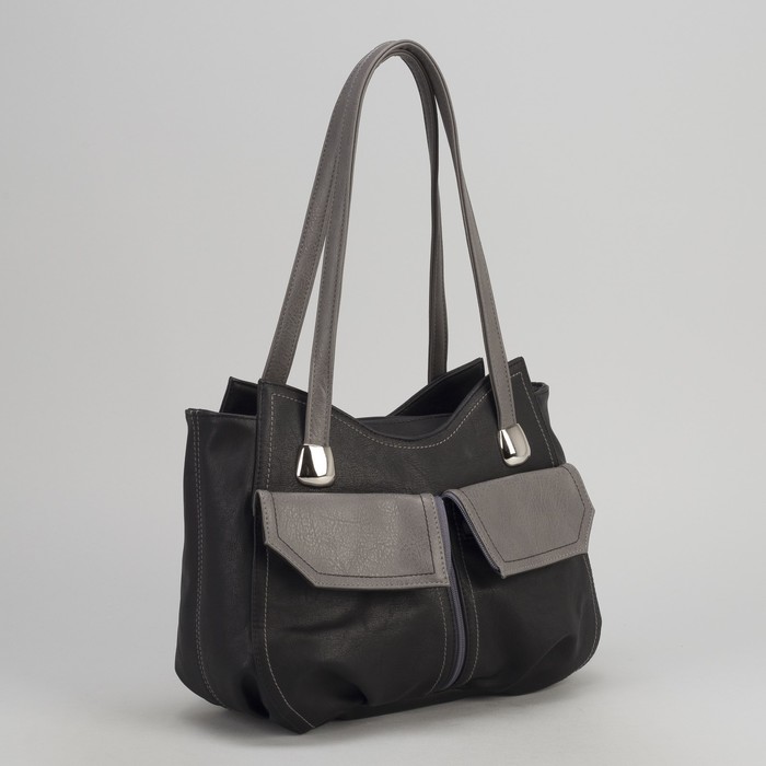 Сумка женская, отдел на молнии, 2 наружных кармана, цвет чёрный/серый