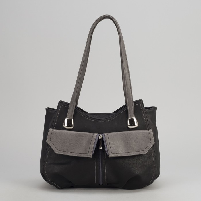 Сумка женская, отдел на молнии, 2 наружных кармана, цвет чёрный/серый