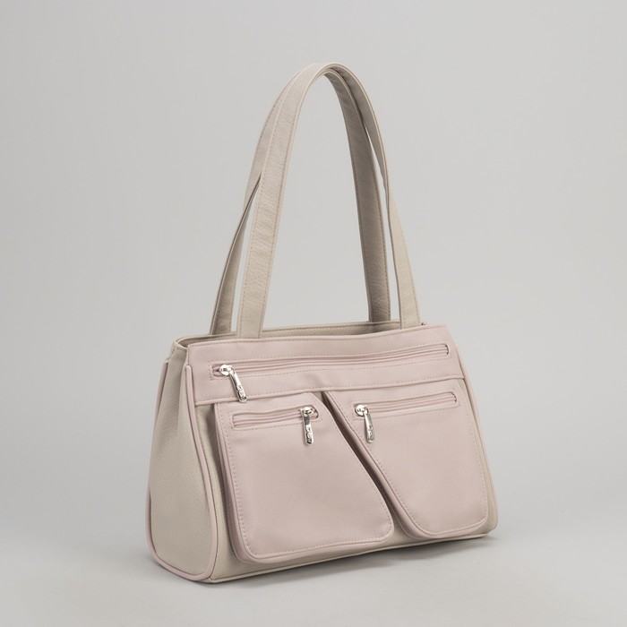 Сумка женская, 2 отдела на молнии, 4 наружных кармана, цвет бежевый/розовый
