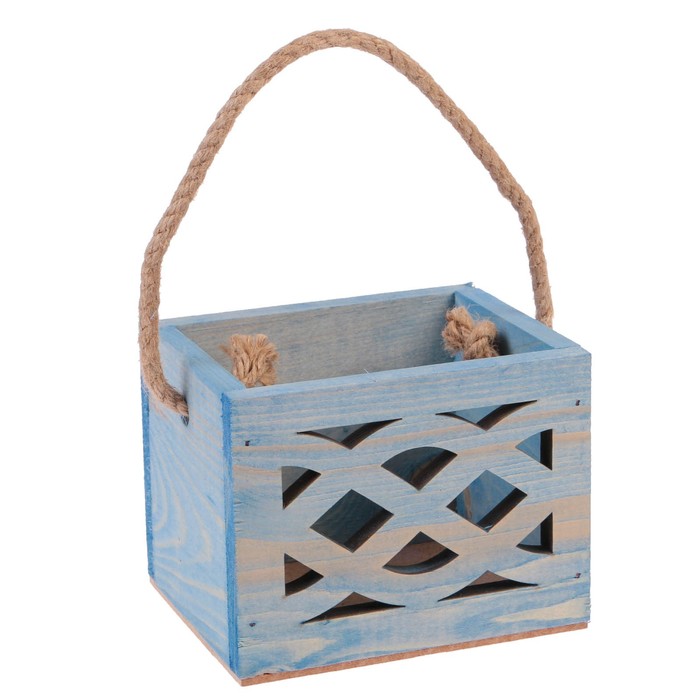 Ящик из массива СОСНЫ "Волны", ручка- шнур, светло- голубой, 12,5х10,5х9,5см