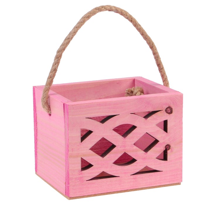 Ящик из массива СОСНЫ "Волны", ручка- шнур, светло-розовый, 12,5х10,5х9,5см