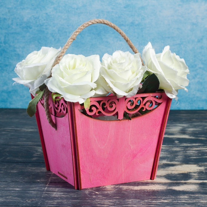 Кашпо флористическое "Корзина счастья", ручка- шнур, розовое, 17,9х17,3х14,2см