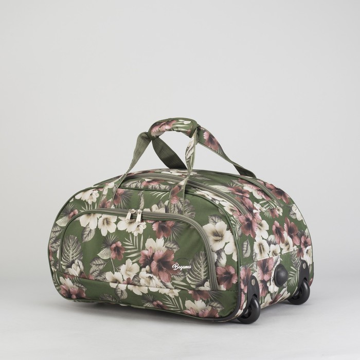 Сумка дорожная на колесах "Цветы", 1 отдел на молнии, наружный карман, цвет хаки