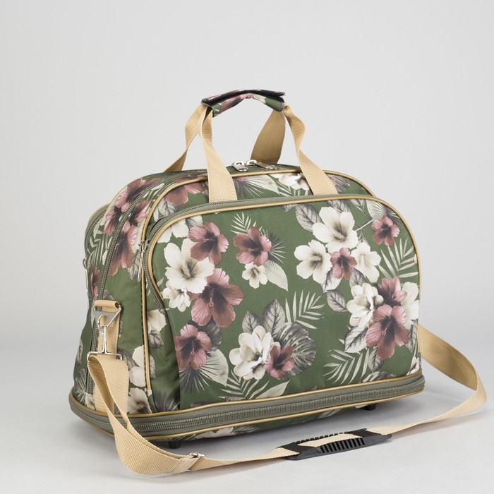 Сумка-трансформер "Цветы", 1 отдел на молнии, 2 наружных кармана, ремень, цвет хаки/бежевый