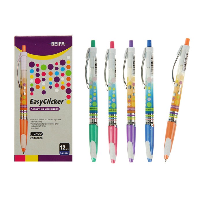 Ручкая шариковая автоматическая BEIFA EasyClicker, узел 0.7мм, чернила синие, резиновый упор, микс