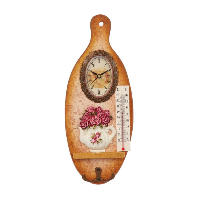 Крючки декоративные дерево с часами "Чайничек с розами" доска 29,3х12х2,9 см