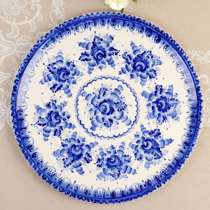 Блюдо большое «Узорное» гжель, фарфор, автор Чаплыгин, d=34 см
