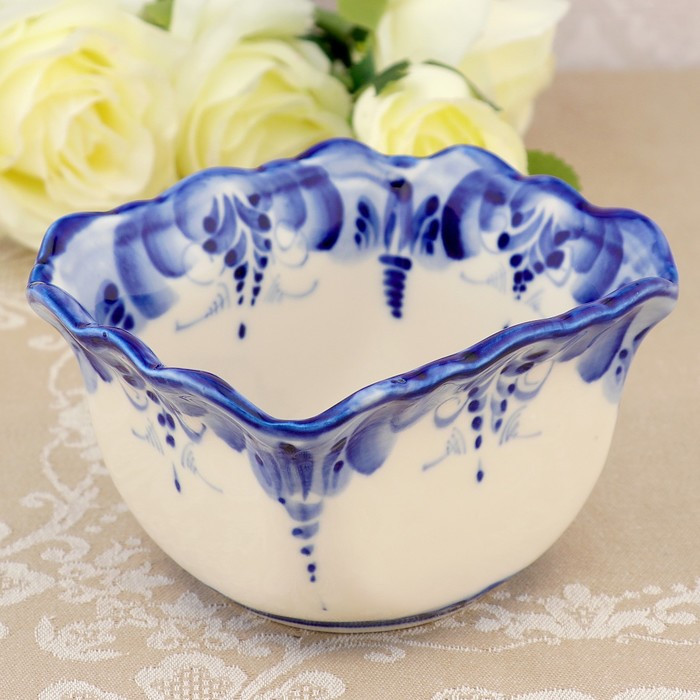 Салатник квадратный, гжель, фарфор, 13х13 см