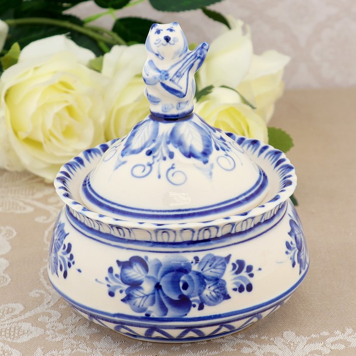 Сахарница «Котик», гжель, фарфор, автор Сысоева h=15 см