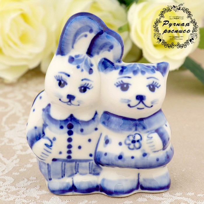 Сувенир «Заяц с кошкой», гжель, фарфор
