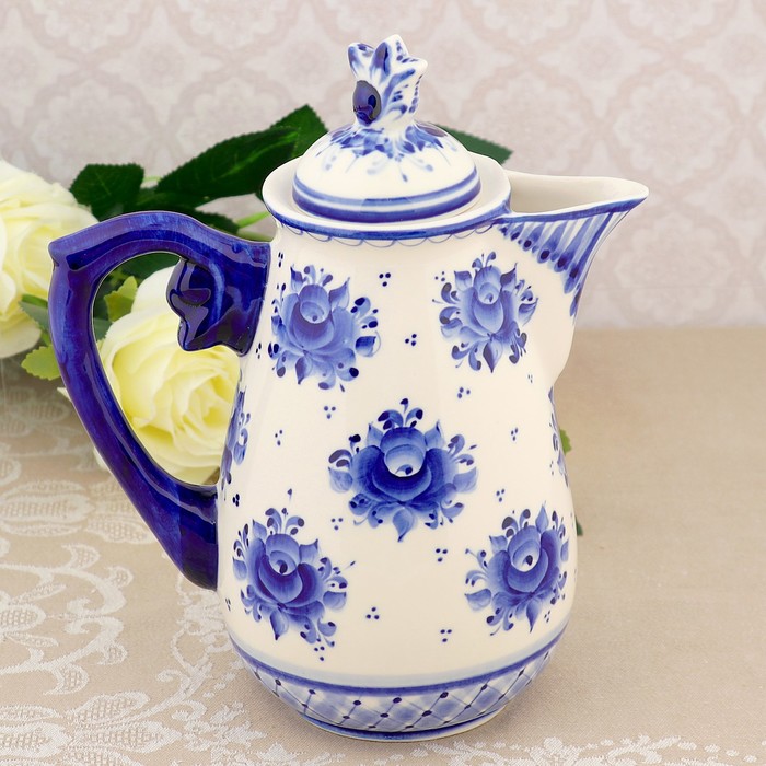 Чайник-кувшин, гжель, фарфор, автор Веркина, h=20 см