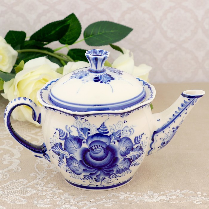 Чайник «Цветок», гжель, фарфор, h=13,5 см