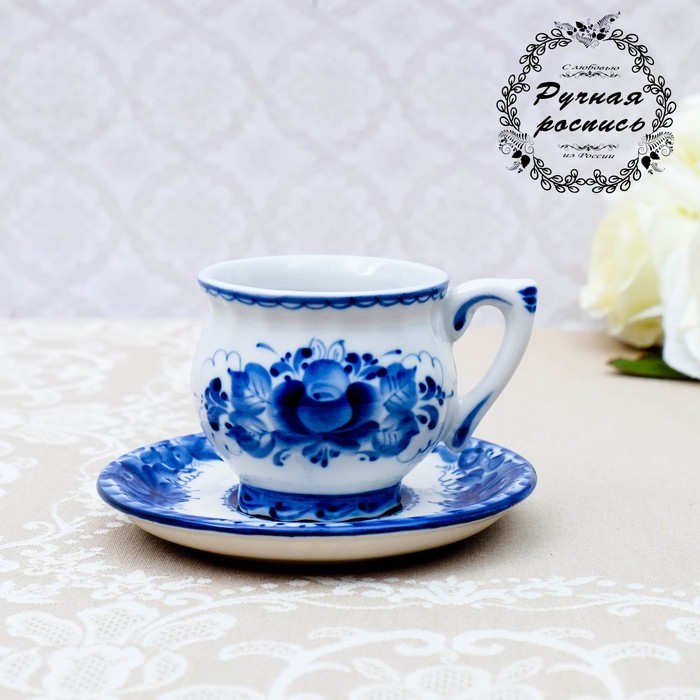 Чайная пара «Свадебная», гжель, фарфор, h=6 см d=7 см, блюдце 13 см