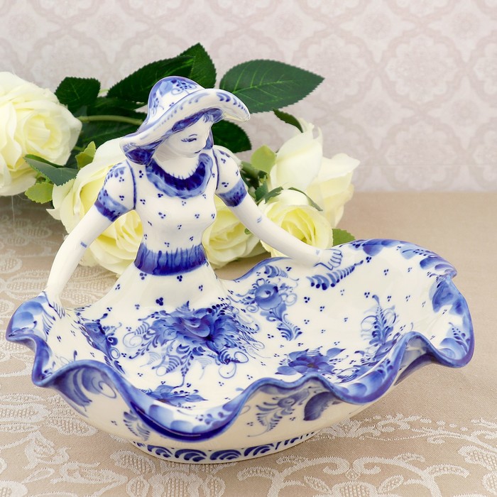 Фруктовница «Наташа», гжель, фарфор, h=17 см d=24 см