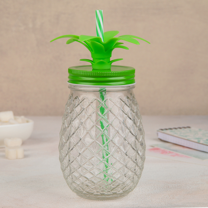 Банка 450 мл "Ананас", с ручкой, крышкой и трубочкой, цвета МИКС