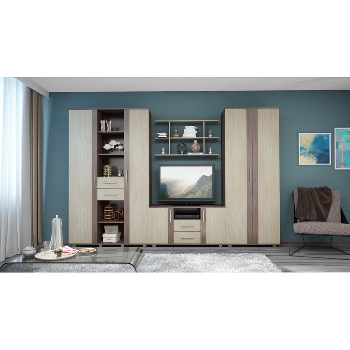 Гостиная "Авиор", 3200х450х2020 мм, цвет ясень шимо тёмный/ясень шимо светлый