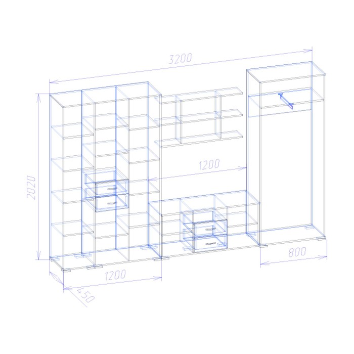 Гостиная "Авиор", 3200х450х2020 мм, цвет ясень шимо тёмный/ясень шимо светлый