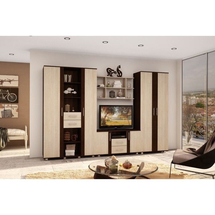 Гостиная "Авиор", 3200х450х2020 мм, цвет венге/ясень шимо светлый