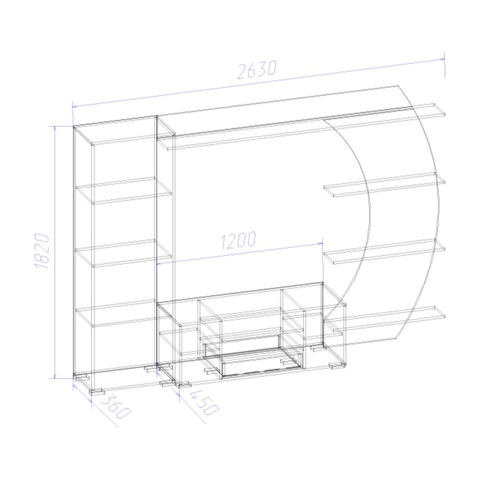 Гостиная "Ларго", 2630х450х1820 мм, цвет ясень шимо тёмный/черный глянец