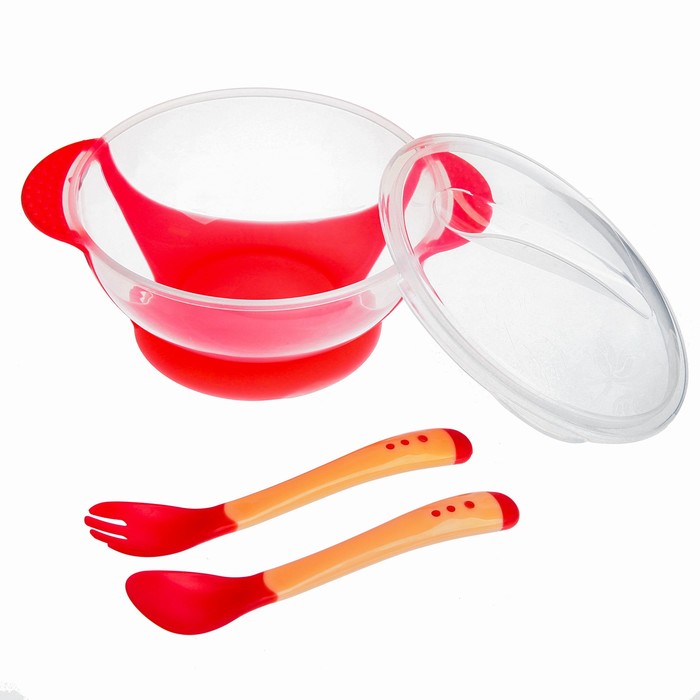 Набор детской посуды, подарочный, для девочки, 6 предметов: тарелка на присоске, столовые приборы, бутылочки 125 и 250 мл, ёршик, цвет розовый