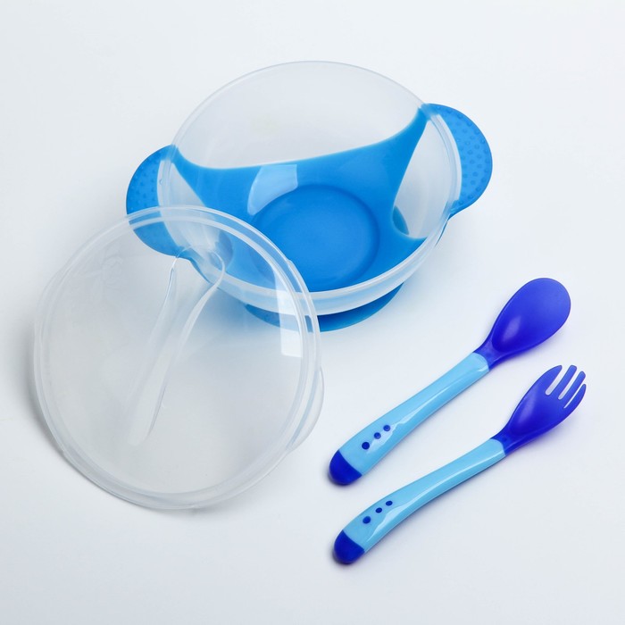 Набор детской посуды, подарочный, для мальчика, 6 предметов: тарелка на присоске, столовые приборы, бутылочки 125 и 250 мл, ёршик, цвет голубой