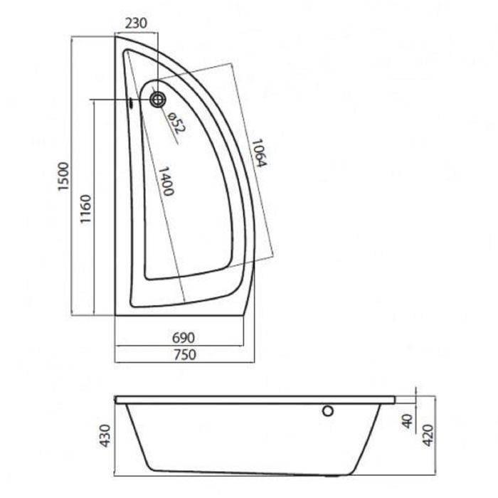 Ванна Cersanit Nano, 150 х 75 правая без ножек, цвет белый