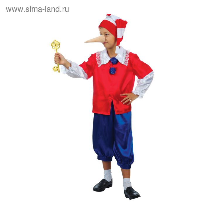 фото Карнавальный костюм "нарядный буратино", колпак, куртка, штаны, нос, рост 140 см страна карнавалия