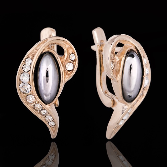 Серьги бижар "Рапсодия" гематит, цвет бело-чёрный в золоте