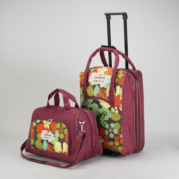 Чемодан малый с сумкой "Цветы", отдел на молнии, наружный карман, цвет коричневый