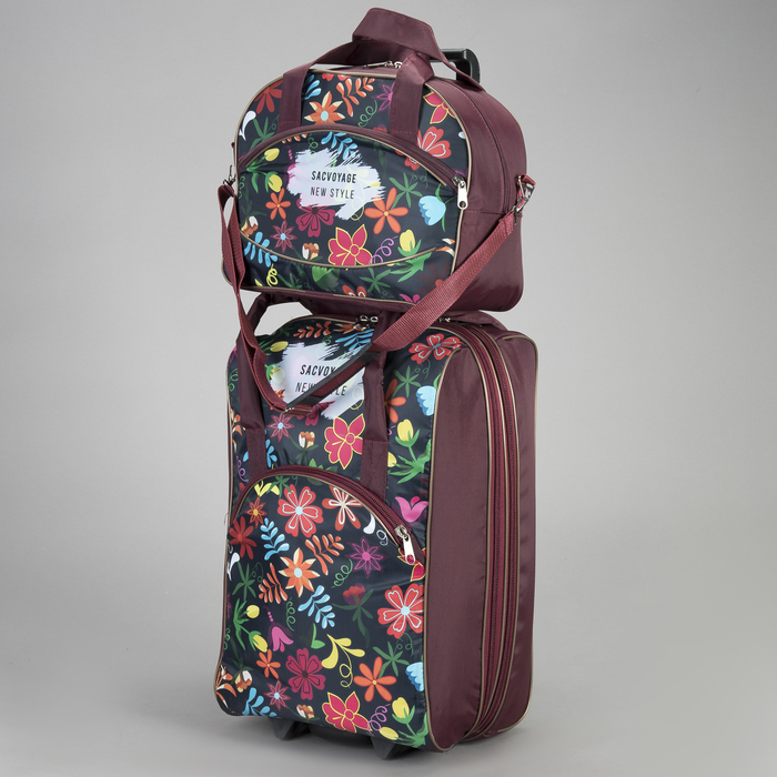 Чемодан малый с сумкой "Цветы", отдел на молнии, наружный карман, цвет чёрный