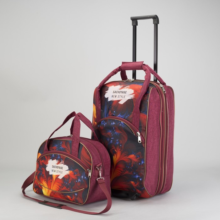 Чемодан малый с сумкой "Перья", отдел на молнии, наружный карман, цвет синий