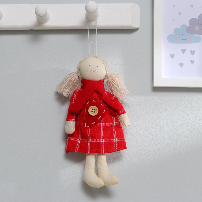 Мягкая игрушка-подвеска кукла "Люся" в шарфике, платье в клеточку, цвета МИКС