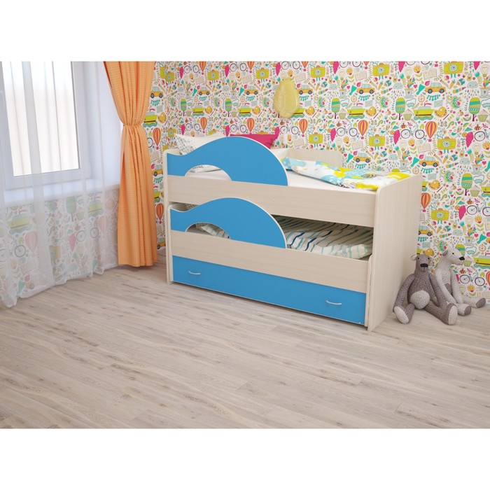 Кровать двухъярусная выкатная Матрешка 800х1600 с ящиком Синий/млечный дуб