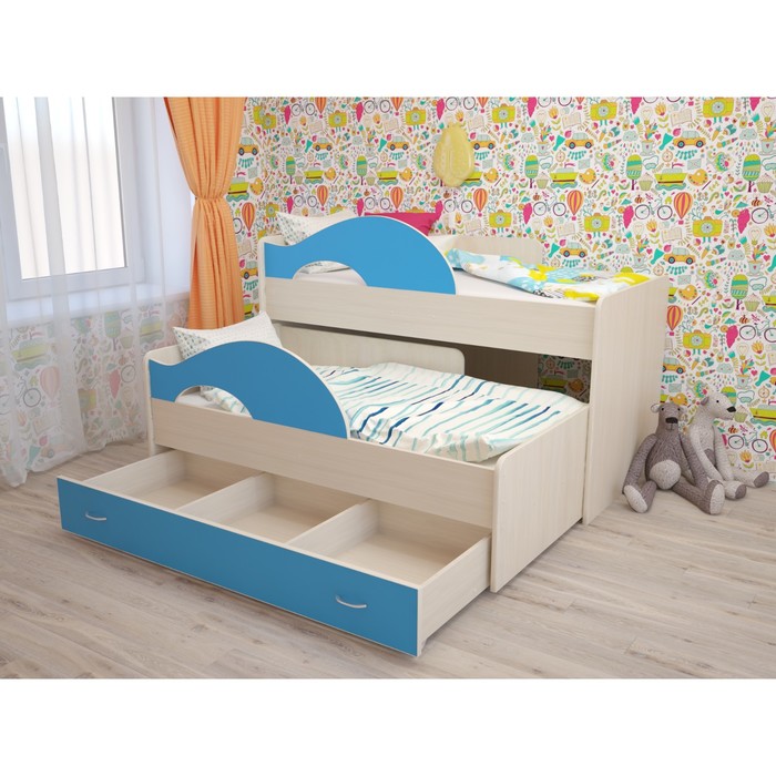 Кровать двухъярусная выкатная Матрешка 800х1600 с ящиком Синий/млечный дуб