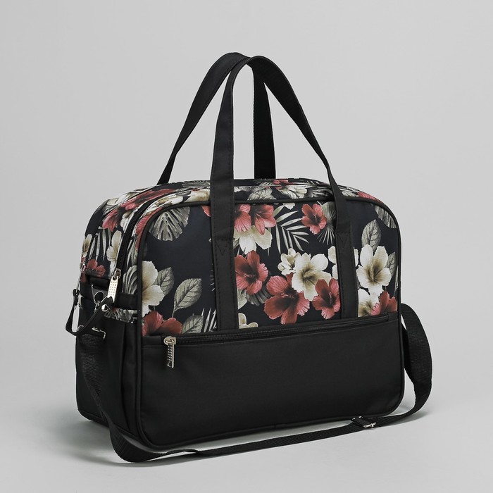 Сумка дорожная "Цветы", 1 отдел на молнии, 3 наружных кармана, цвет чёрный/бежевый