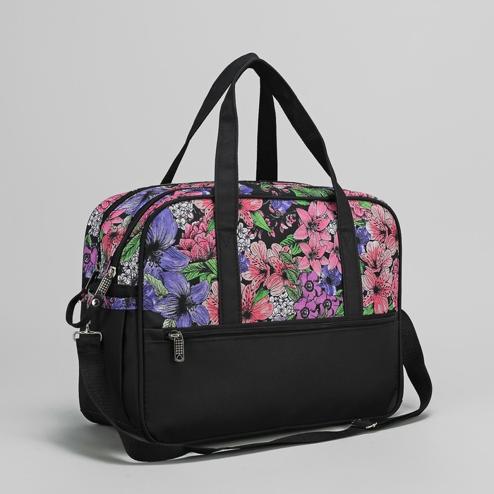 Сумка дорожная "Цветы", 1 отдел на молнии, 3 наружных кармана, цвет чёрный/розовый