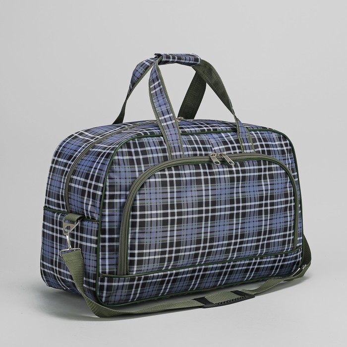Сумка дорожная "Клетка", 1 отдел, 2 наружных кармана, длинный ремень, цвет серый/хаки