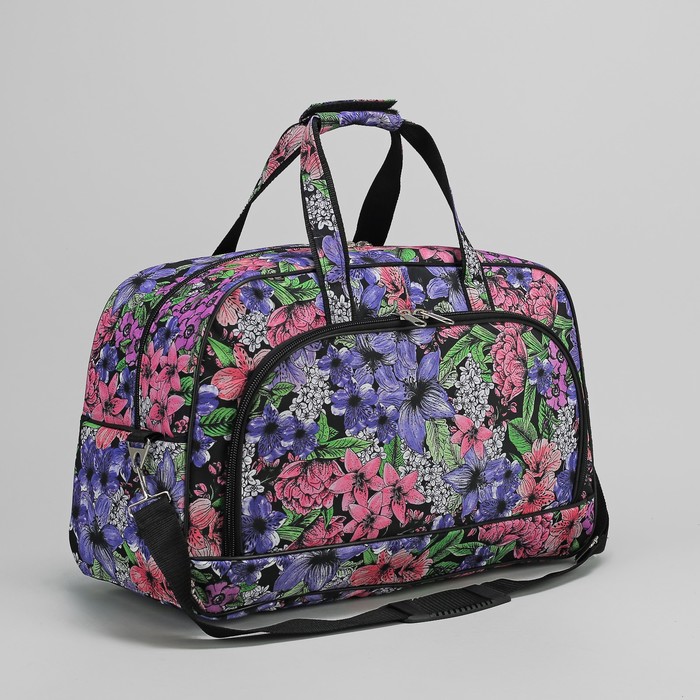 Сумка дорожная "Цветы", 1 отдел, 2 наружных кармана, длинный ремень, цвет чёрный/розовый/сиреневый