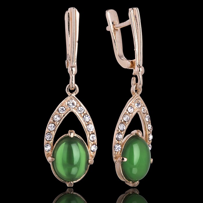 Серьги бижар "Фокстрот" хризопраз, цвет бело-зелёный в золоте