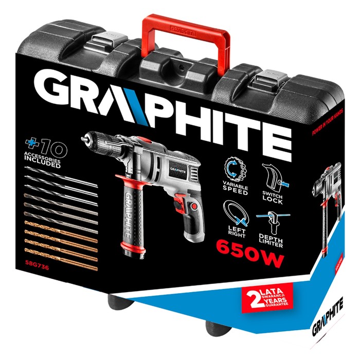 Дрель ударная GRAPHITE 58G736, 650 Вт, БЗП 13 мм, 48000 уд/мин, набор сверел, кейс