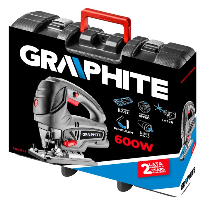 Лобзик GRAPHITE 58G061, 600 Вт, 500-3000 ход/мин, рез дерево/сталь 65/8 мм, лазер, кейс