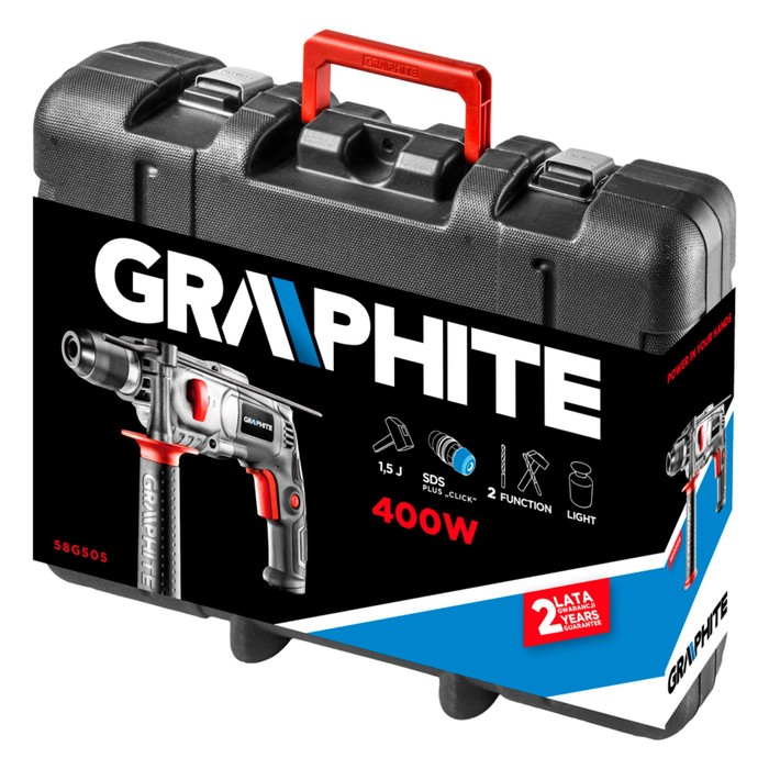 Перфоратор GRAPHITE 58G505, 2 режима, SDS+, 400 Вт, 1500 об/мин, 6600 уд/мин, 1.5 Дж, кейс