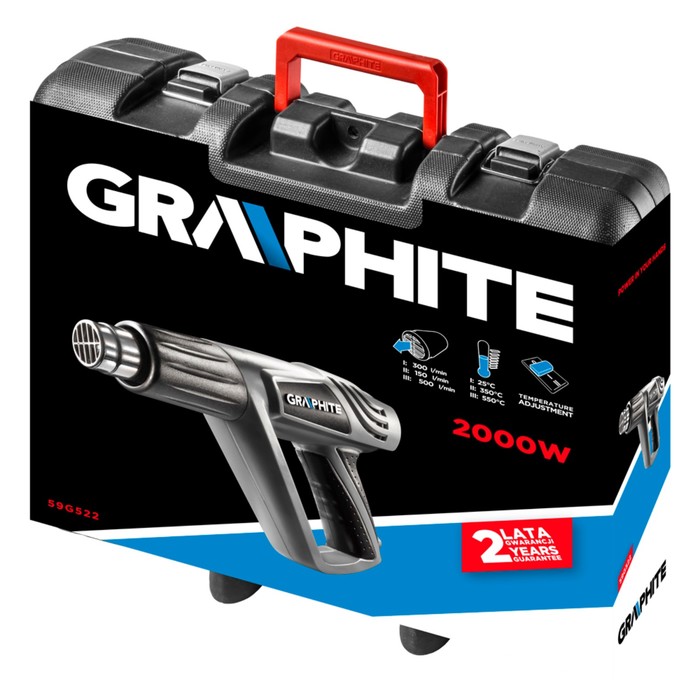 Фен технический GRAPHITE 59G522, 2000 Вт, 550°, 500 л/мин, 4 сопла, кейс